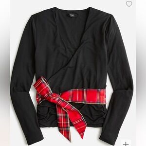 J Crew Women Form-Knit Long Sleeve Wrap Ruched Top Holiday Plaid Bow Black
